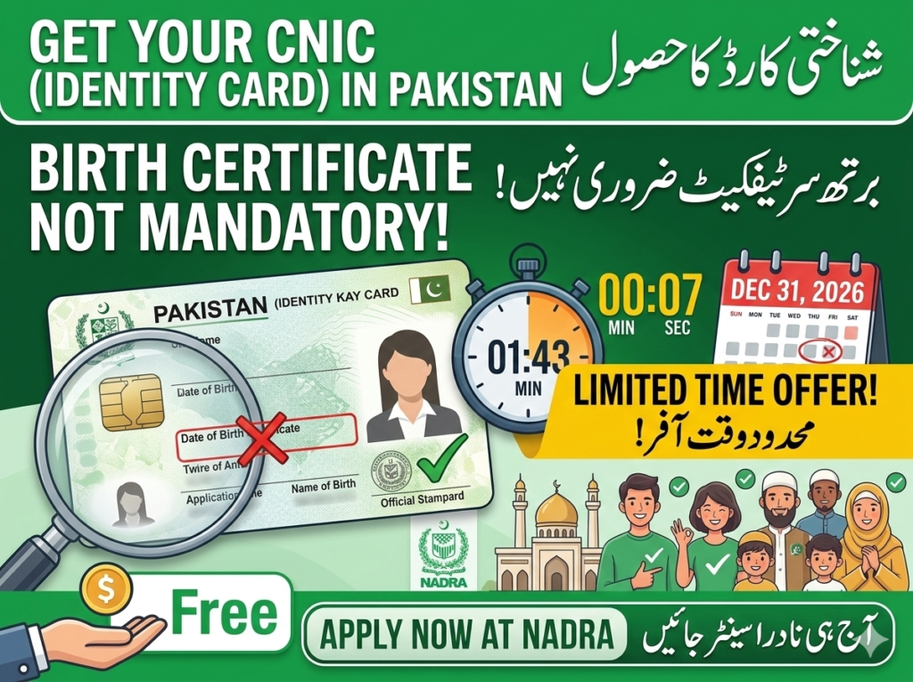 Infographic explaining how Pakistani citizens can obtain their CNIC (Identity Card) from NADRA without a birth certificate until December 31, 2026